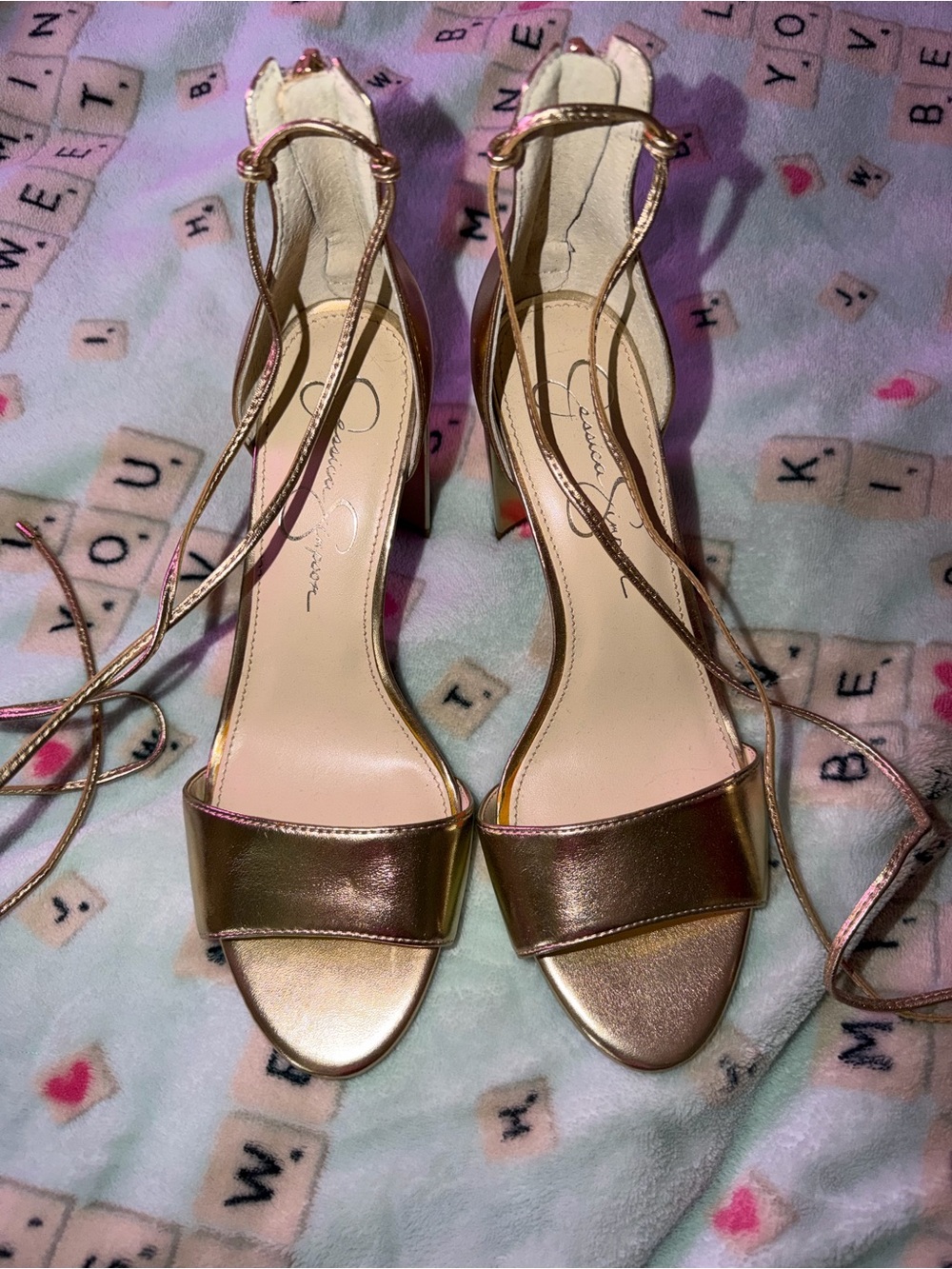 Jessica Simpson Rose Gold Metallic Strappy Block Heels